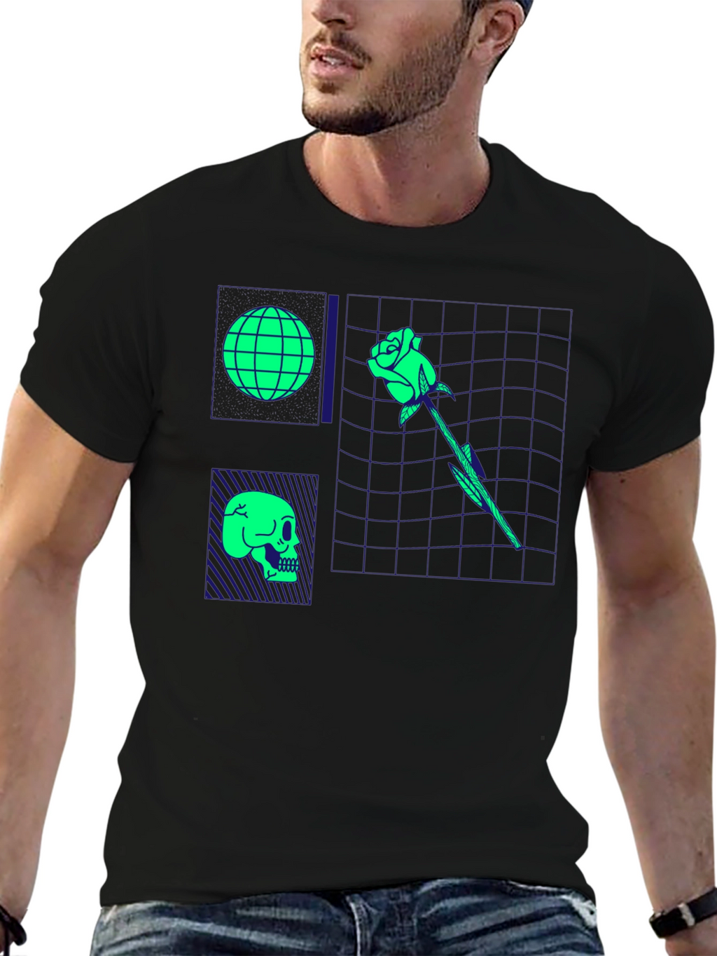 Retro Synthwave Graphic T-Shirt - Skull Rose Globe Design