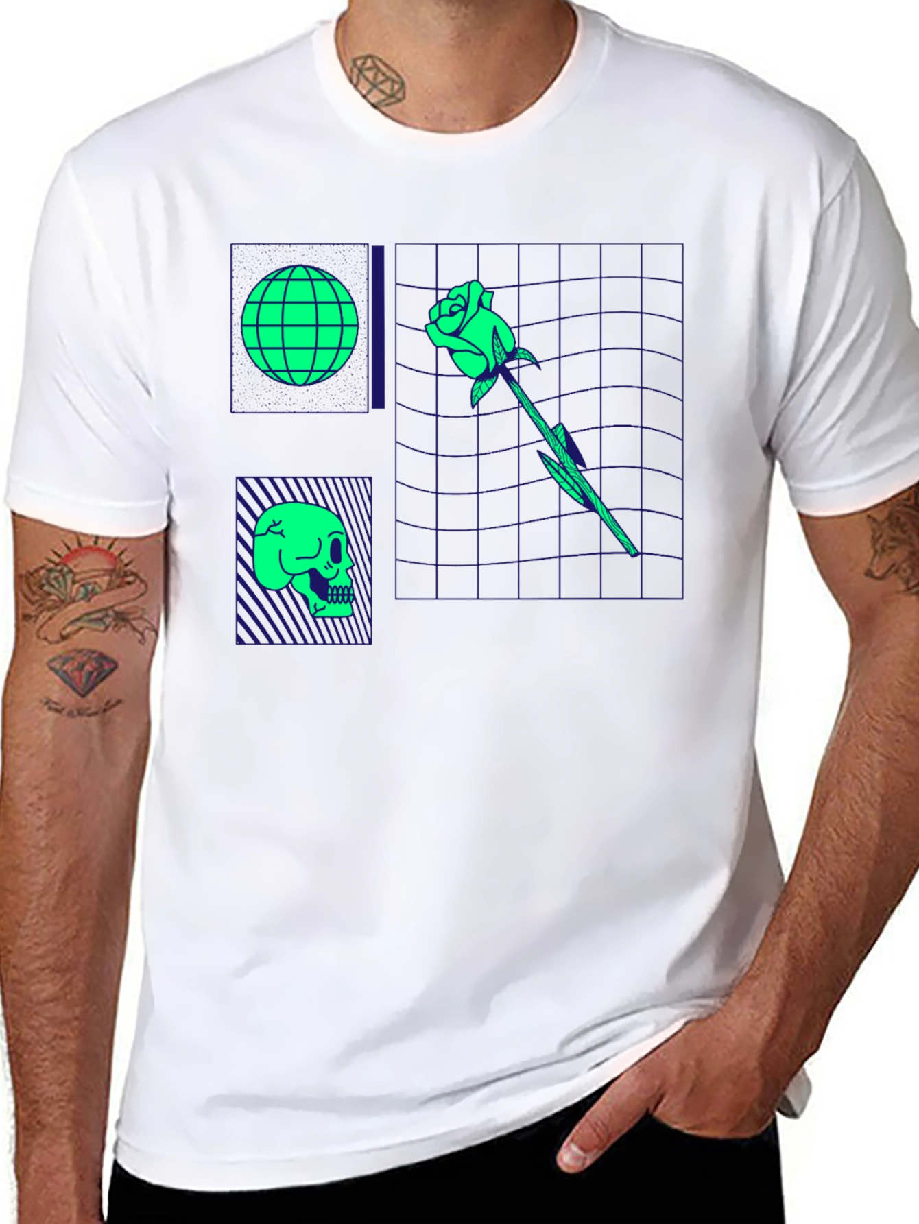 Retro Synthwave Graphic T-Shirt - Skull Rose Globe Design