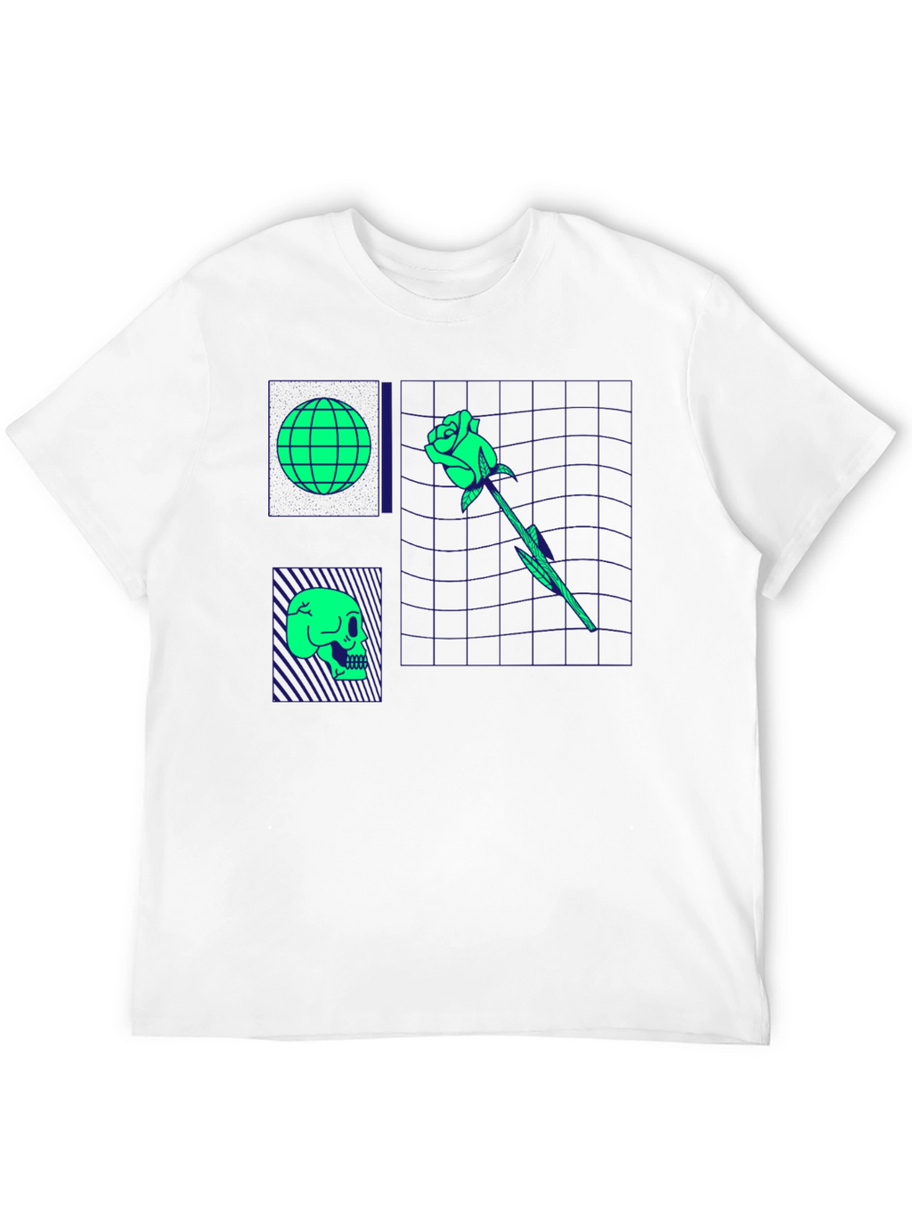 Retro Synthwave Graphic T-Shirt - Skull Rose Globe Design