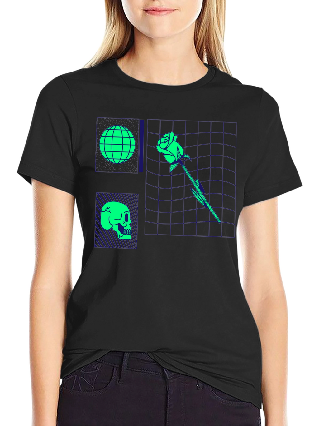 Retro Synthwave Graphic T-Shirt - Skull Rose Globe Design