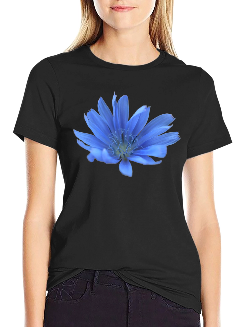 Blue Flower Graphic T-Shirt - Casual Wear
