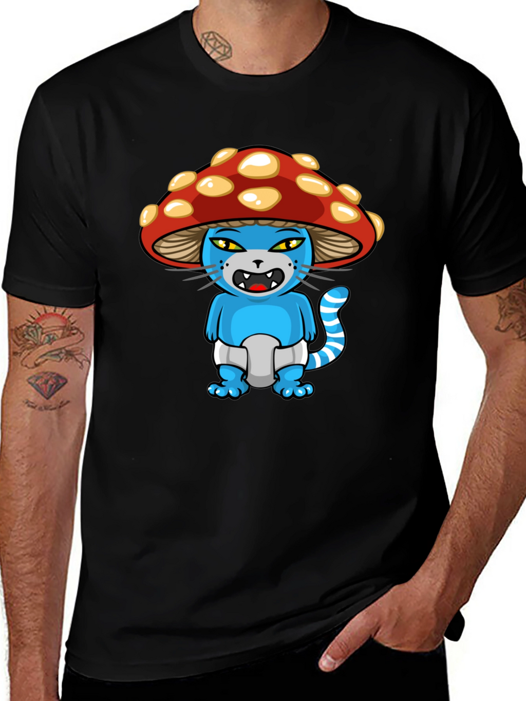 Mushroom Cat Cartoon Graphic T-Shirt