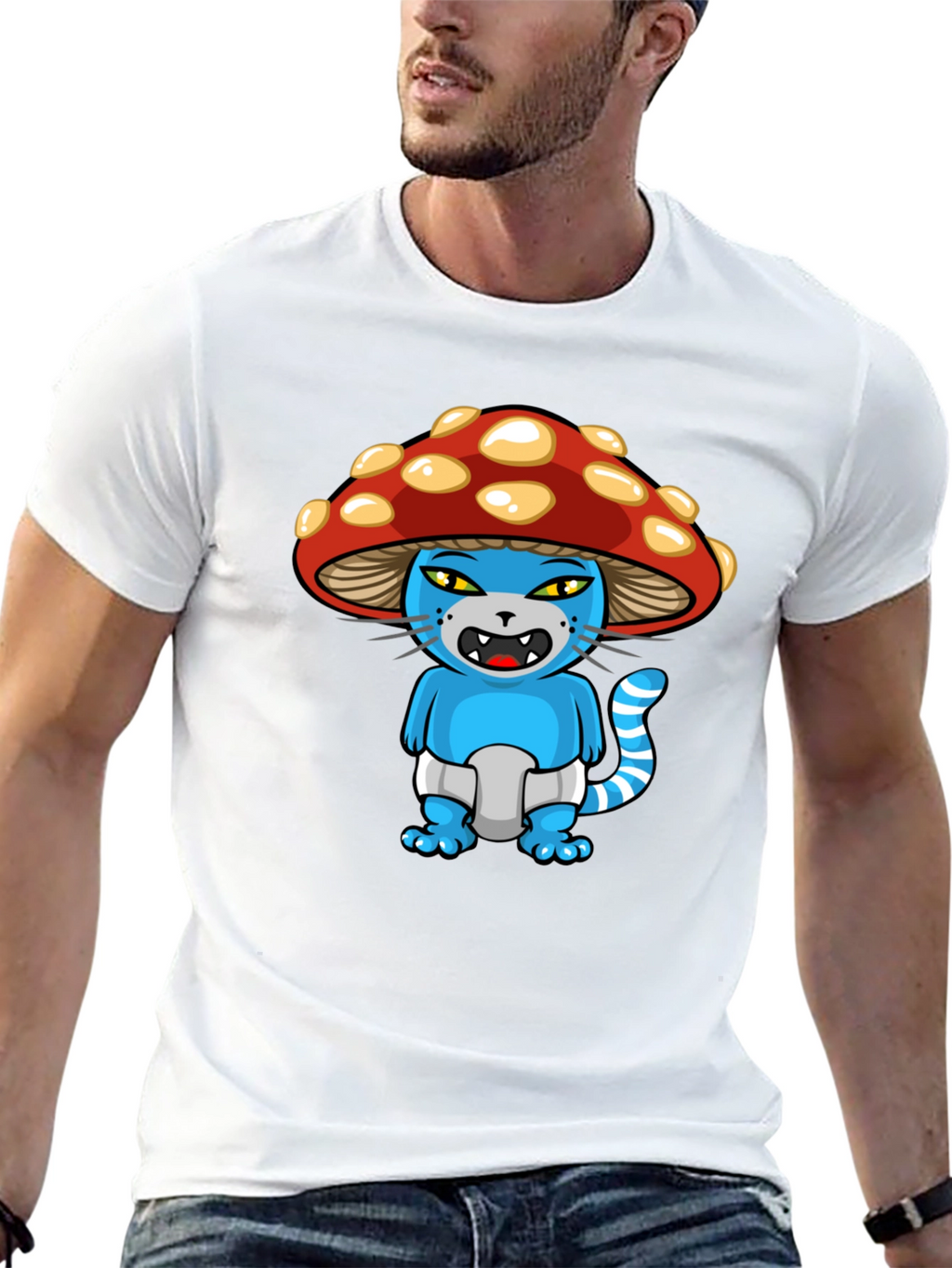 Mushroom Cat Cartoon Graphic T-Shirt