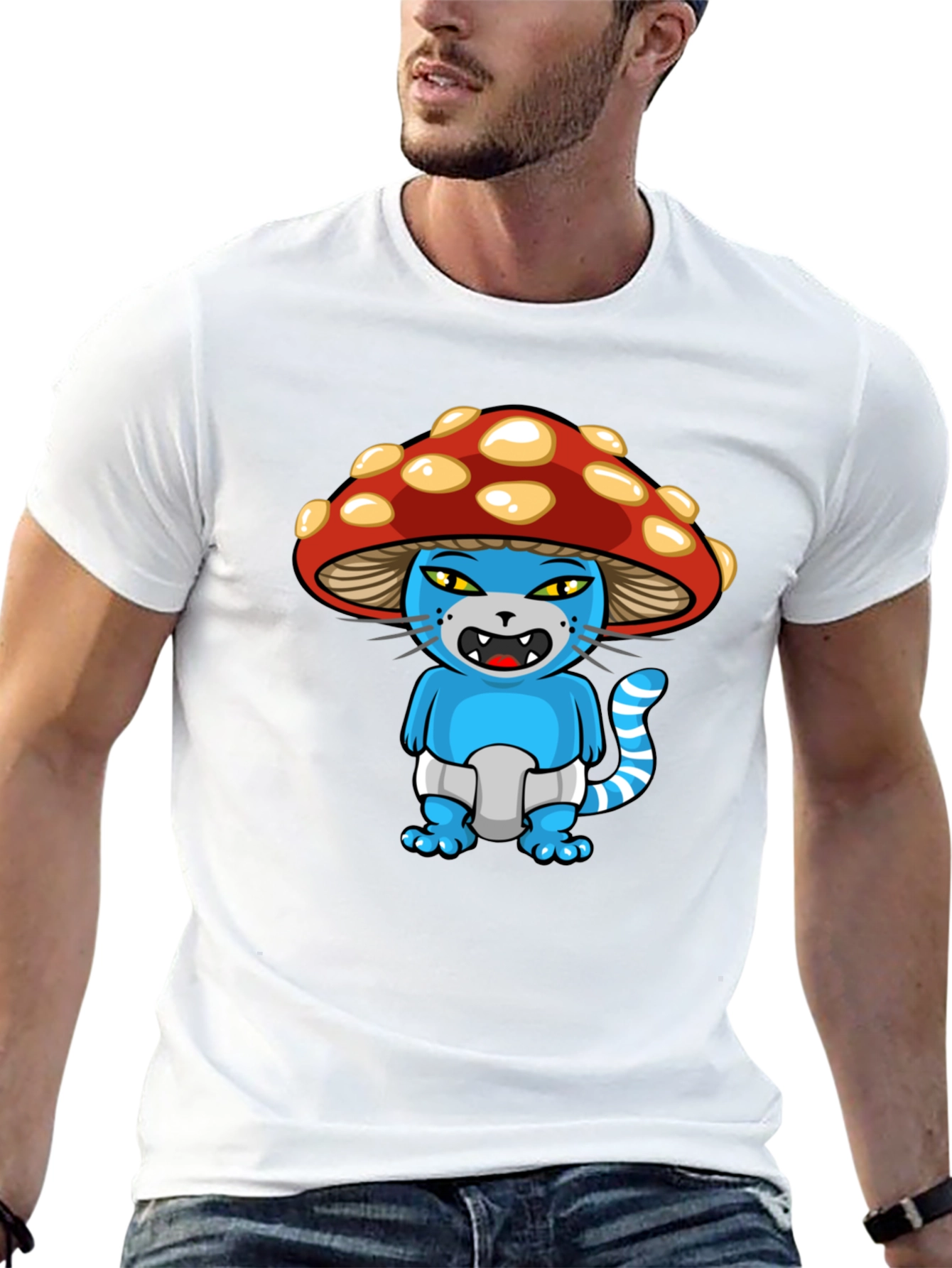 Mushroom Cat Cartoon Graphic T-Shirt