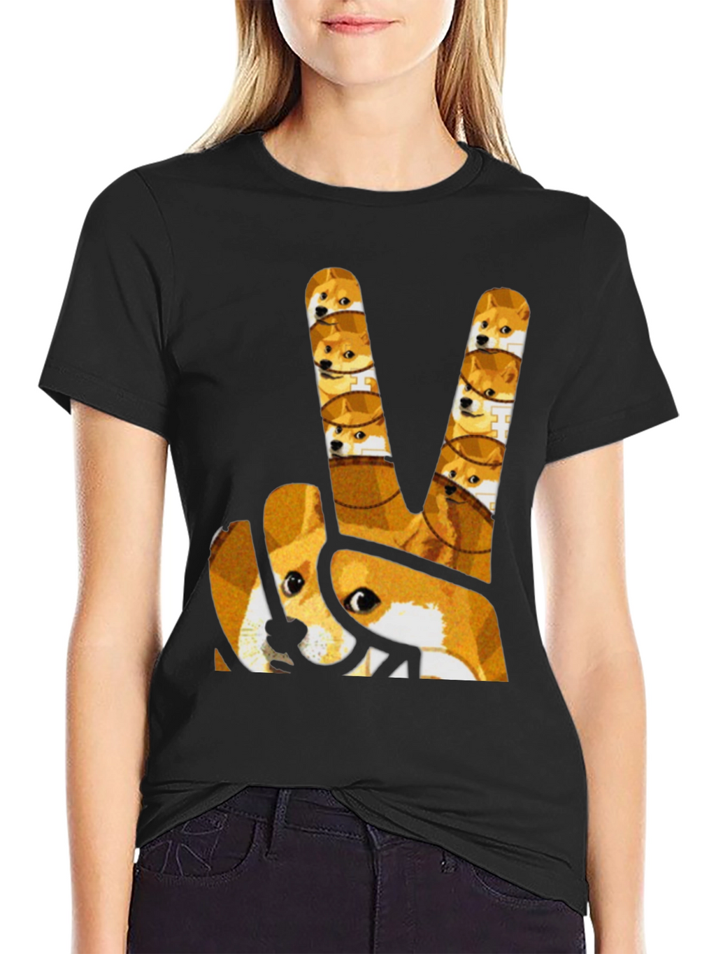 Doge Peace Sign Graphic Tee - Black