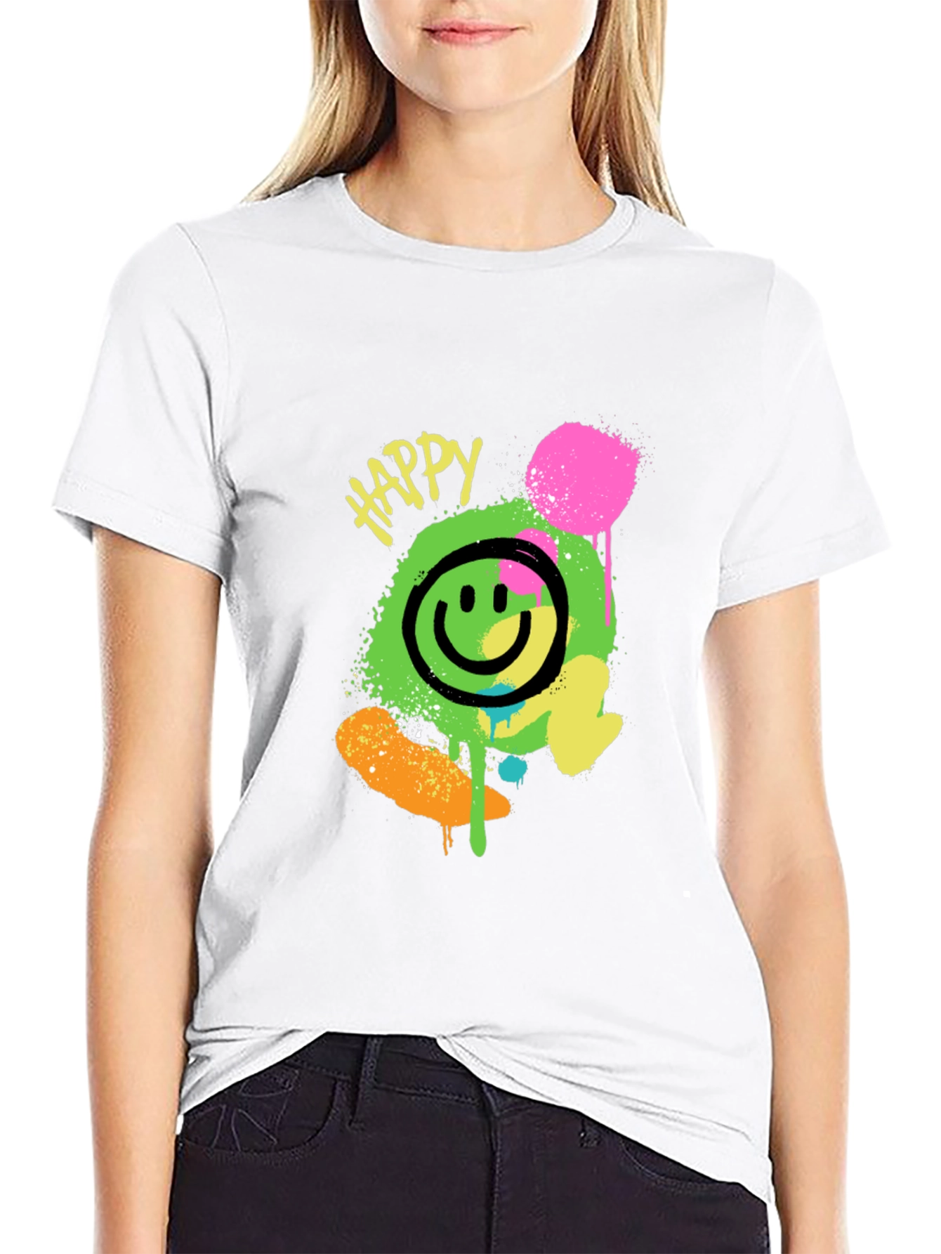 Happy Graphic Print Black T-Shirt