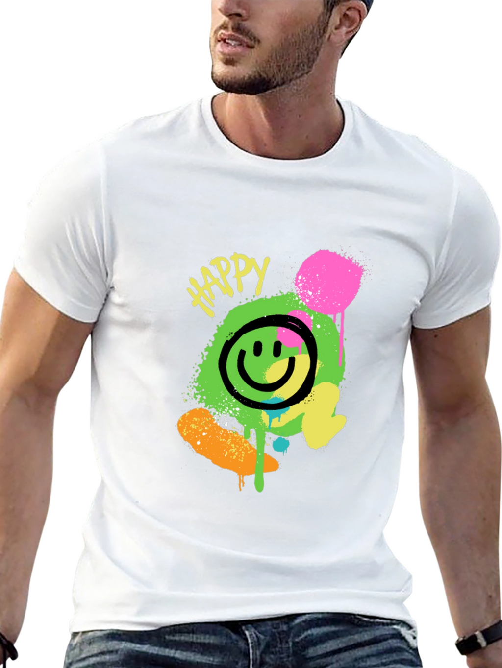 Happy Graphic Print Black T-Shirt