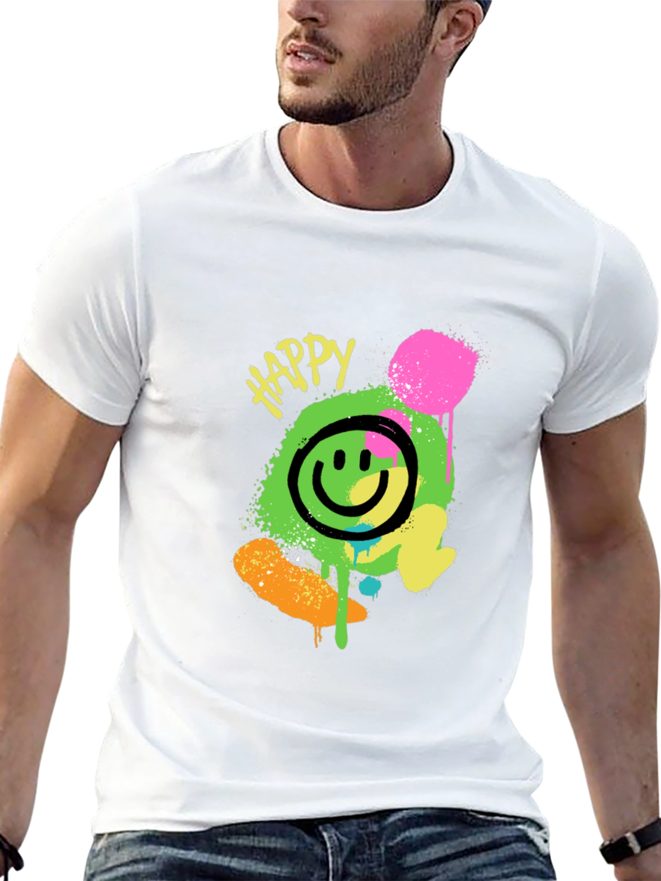 Happy Graphic Print Black T-Shirt