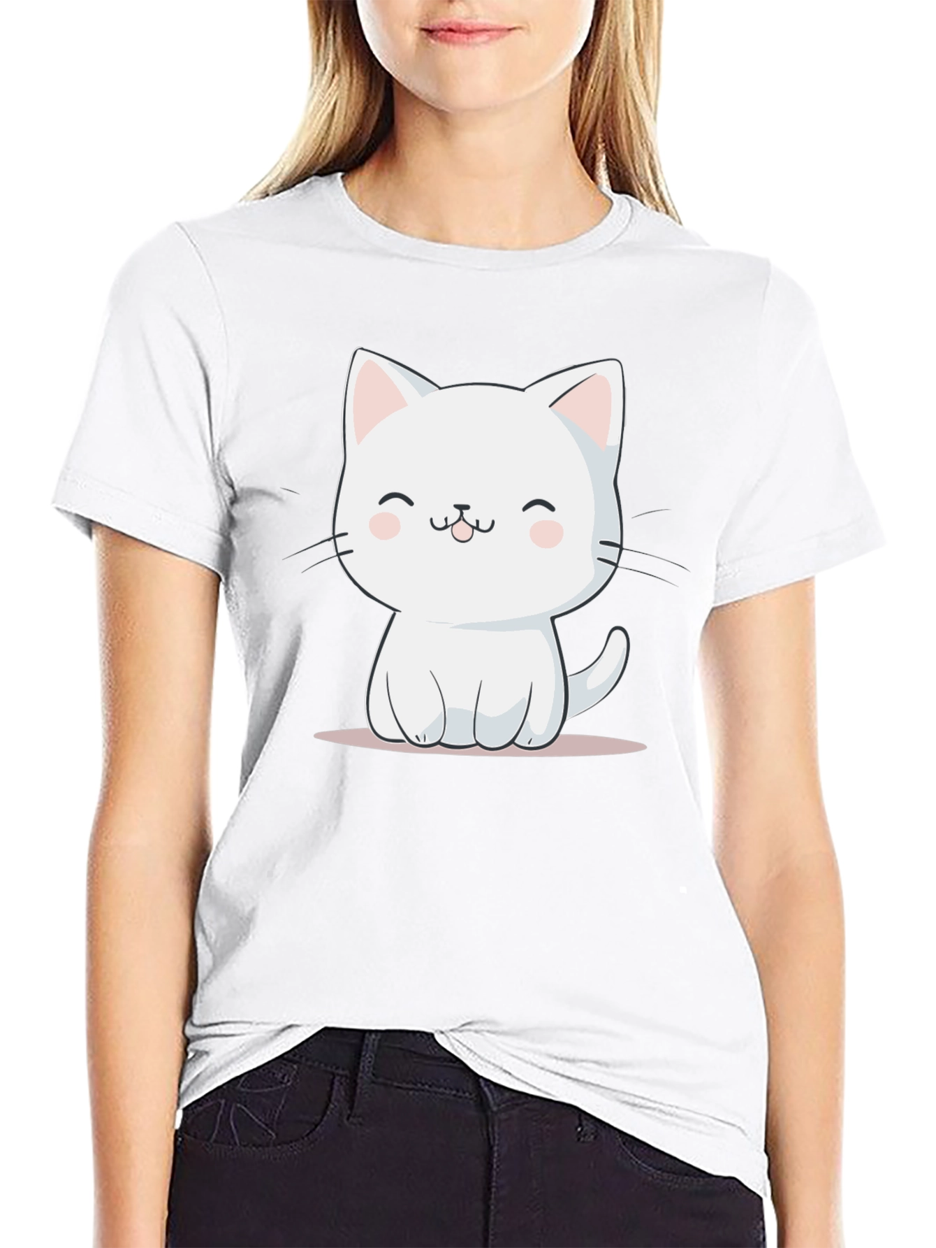 Cute Cartoon Cat Graphic Print Black T-Shirt