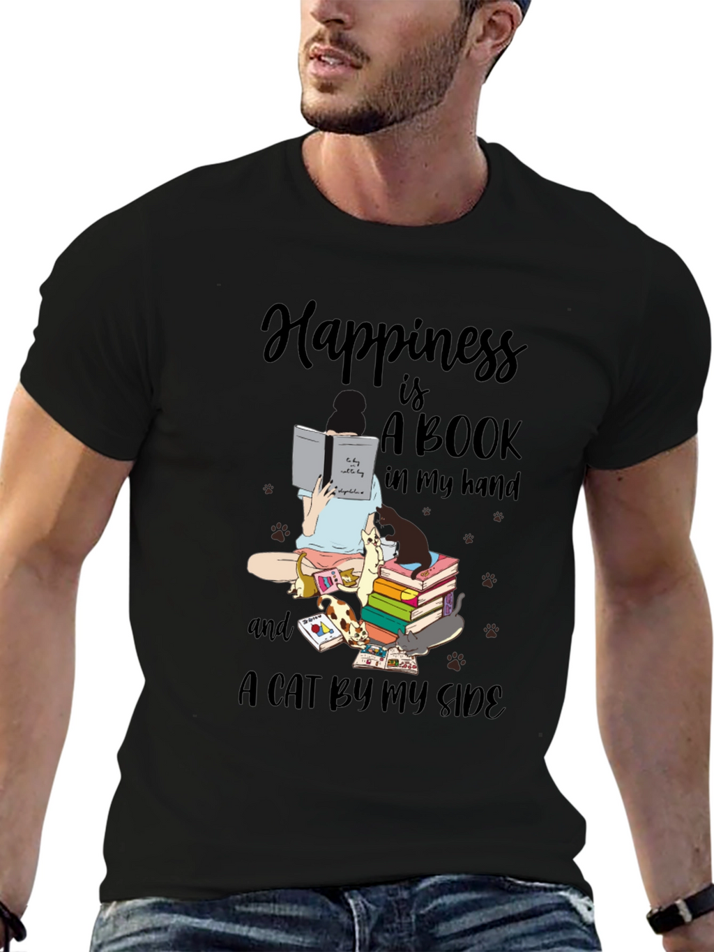 Happiness is Books and Cats T-Shirt