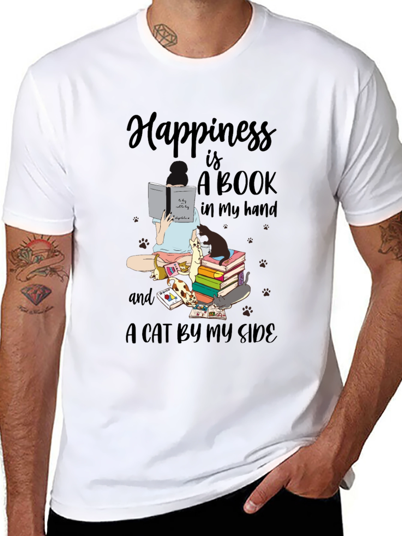 Happiness is Books and Cats T-Shirt