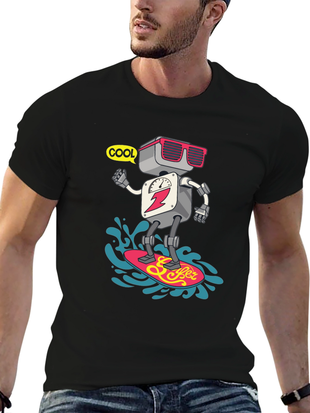 Cool Robot Surfing T-Shirt - Black