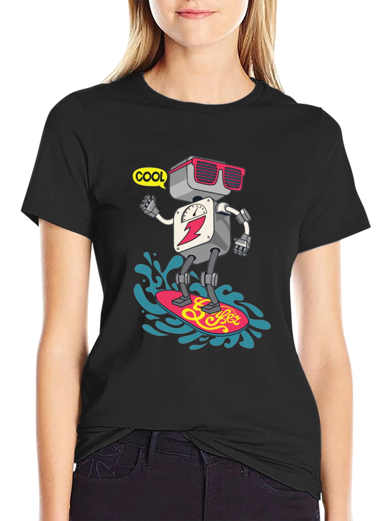 Cool Robot Surfing T-Shirt - Black