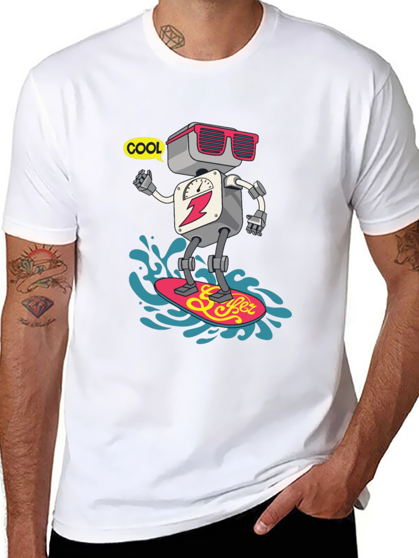 Cool Robot Surfing T-Shirt - Black