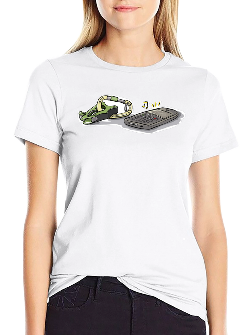 Novelty Black T-Shirt with Phone and Carabiner Graphic