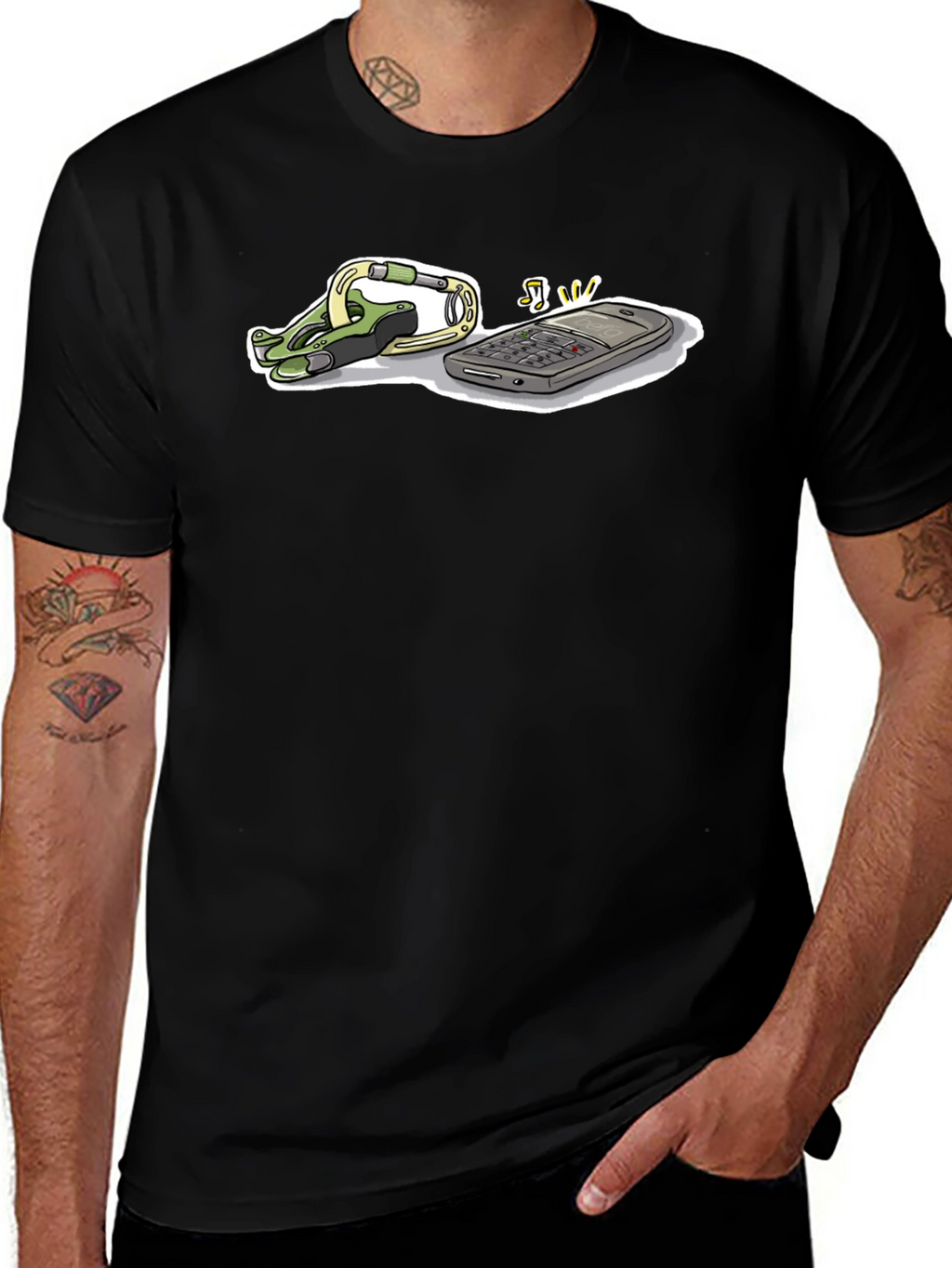 Novelty Black T-Shirt with Phone and Carabiner Graphic