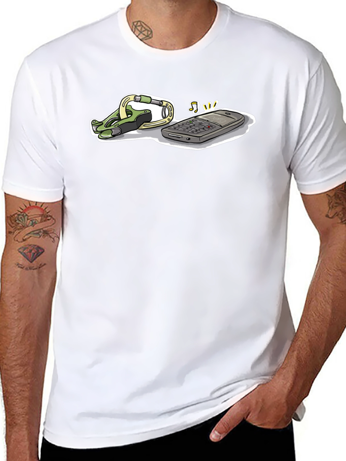 Novelty Black T-Shirt with Phone and Carabiner Graphic