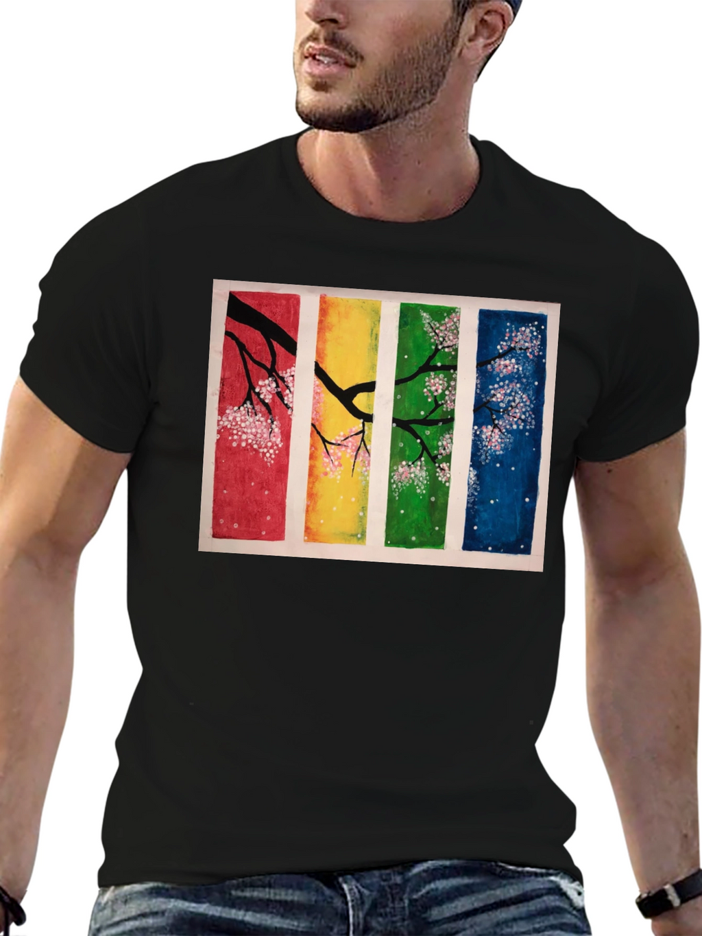 Four Seasons Blossom T-Shirt - Artistic Black Tee