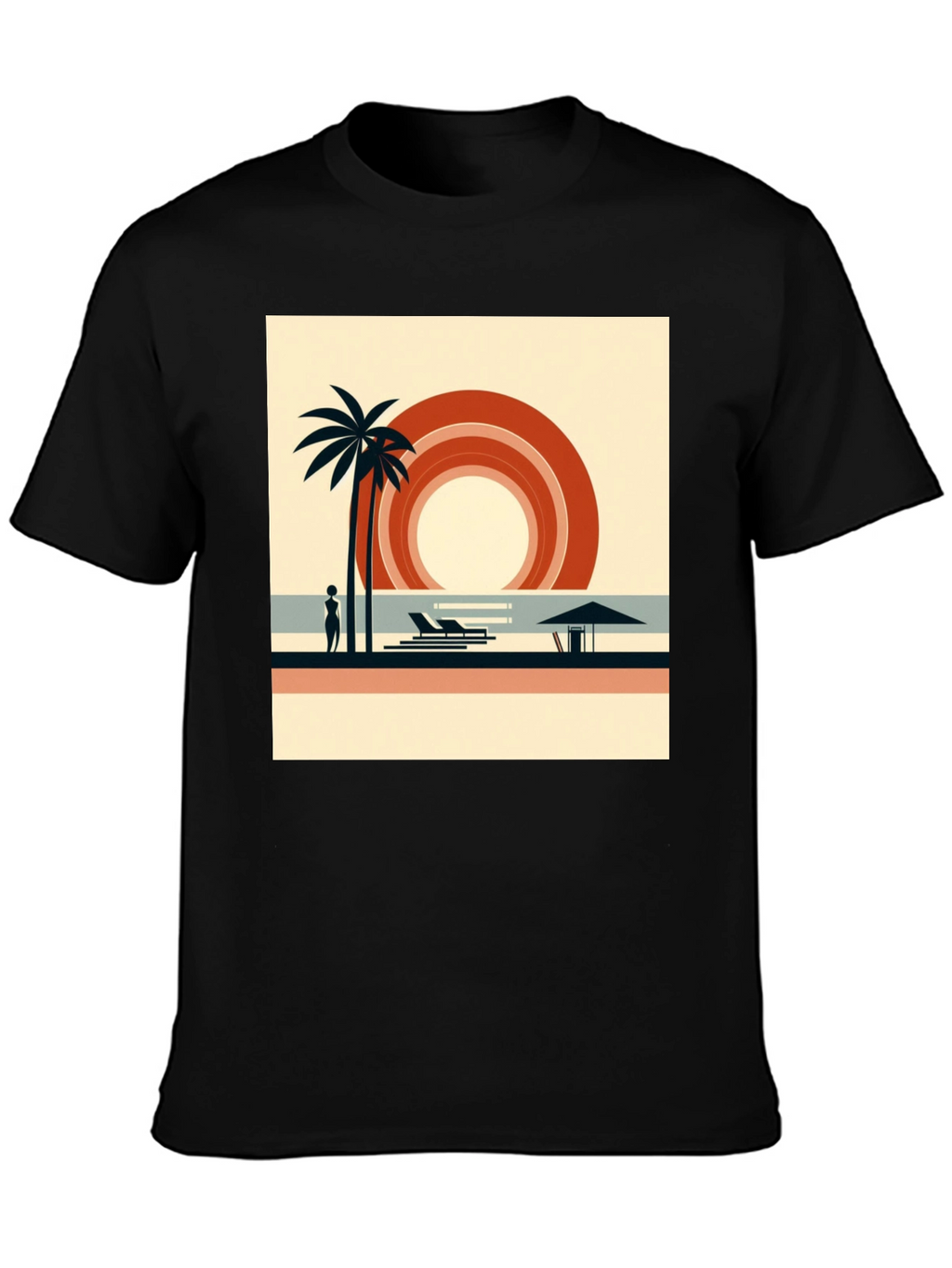 Retro Beach Scene Graphic Tee - Black Cotton Shirt