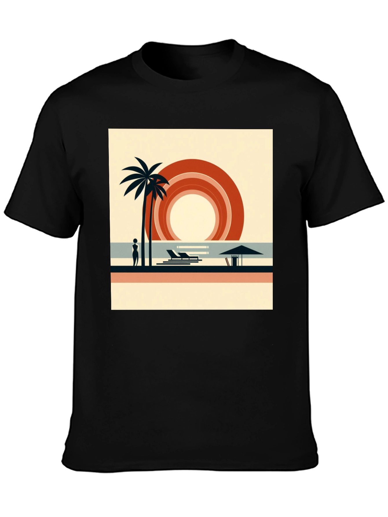 Retro Beach Scene Graphic Tee - Black Cotton Shirt