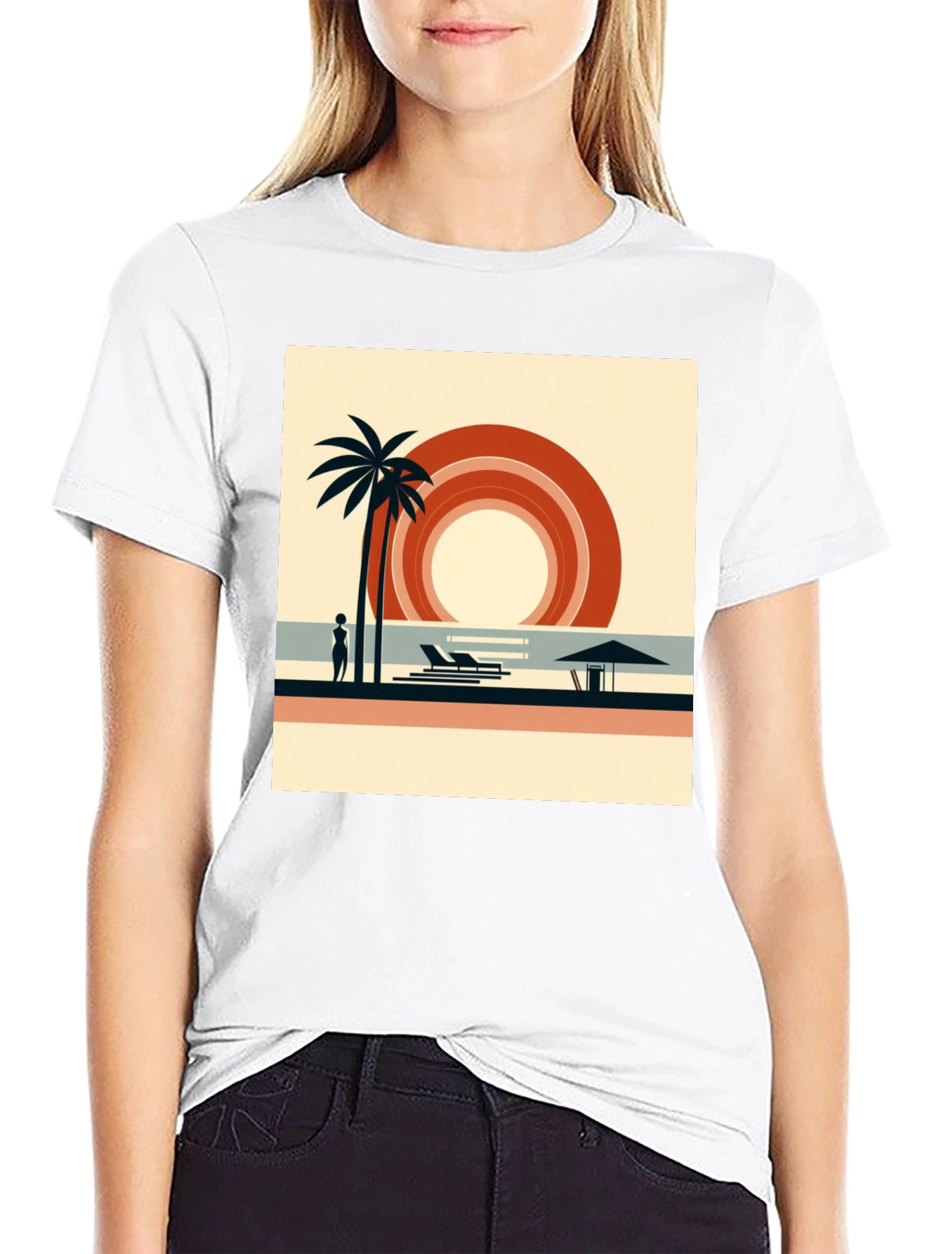 Retro Beach Scene Graphic Tee - Black Cotton Shirt