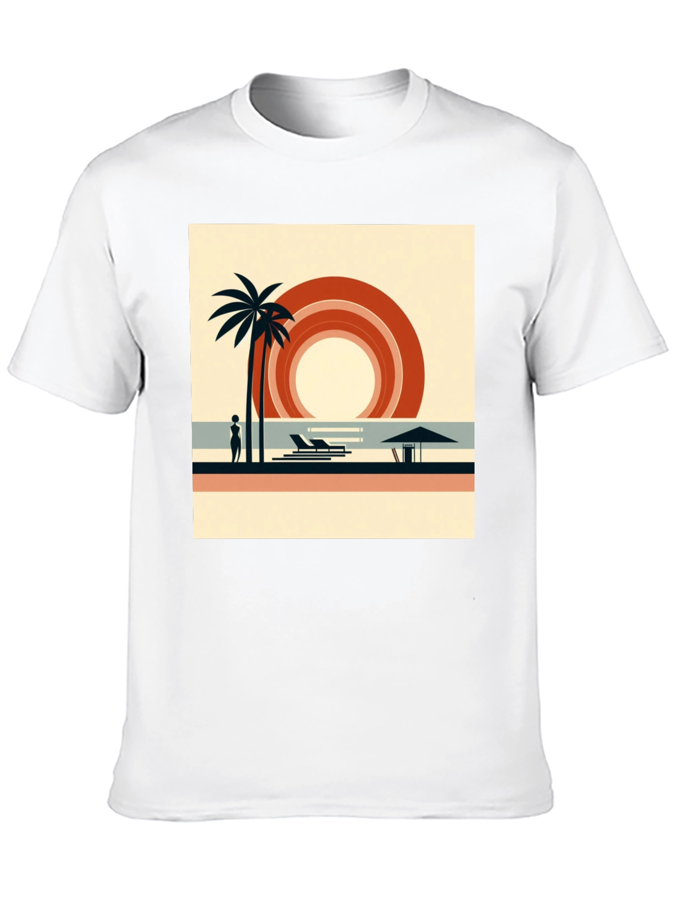Retro Beach Scene Graphic Tee - Black Cotton Shirt