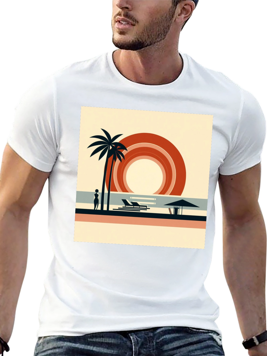 Retro Beach Scene Graphic Tee - Black Cotton Shirt