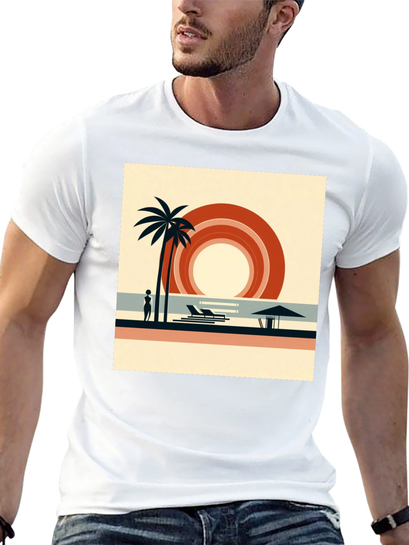 Retro Beach Scene Graphic Tee - Black Cotton Shirt