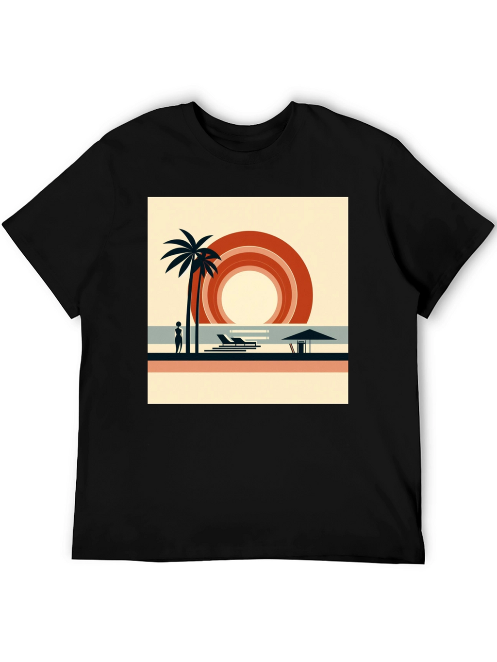 Retro Beach Scene Graphic Tee - Black Cotton Shirt