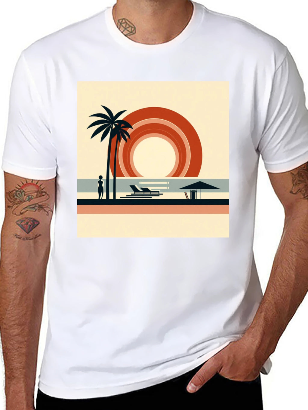 Retro Beach Scene Graphic Tee - Black Cotton Shirt