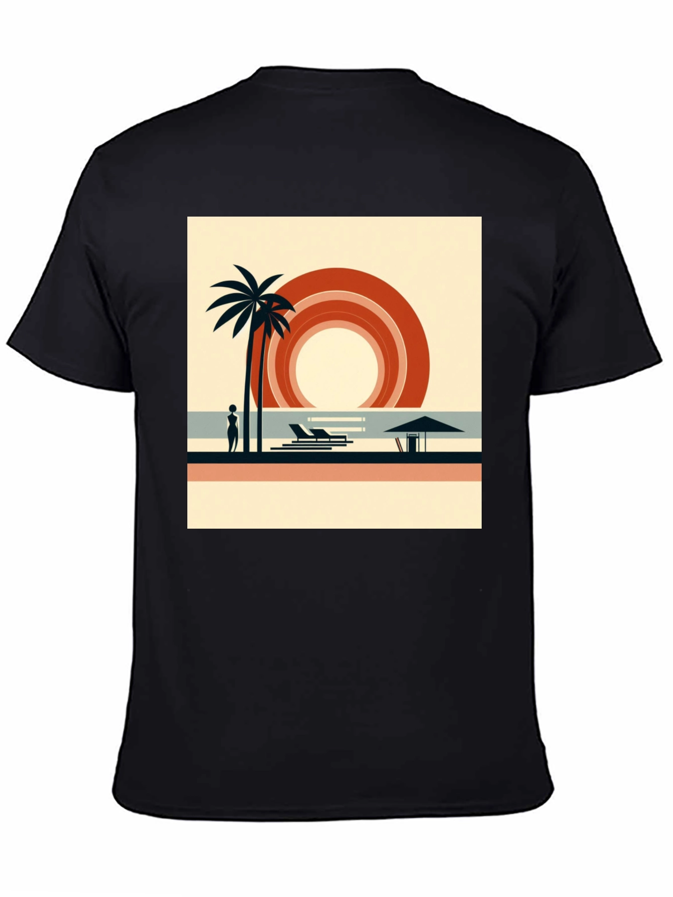 Retro Beach Scene Graphic Tee - Black Cotton Shirt