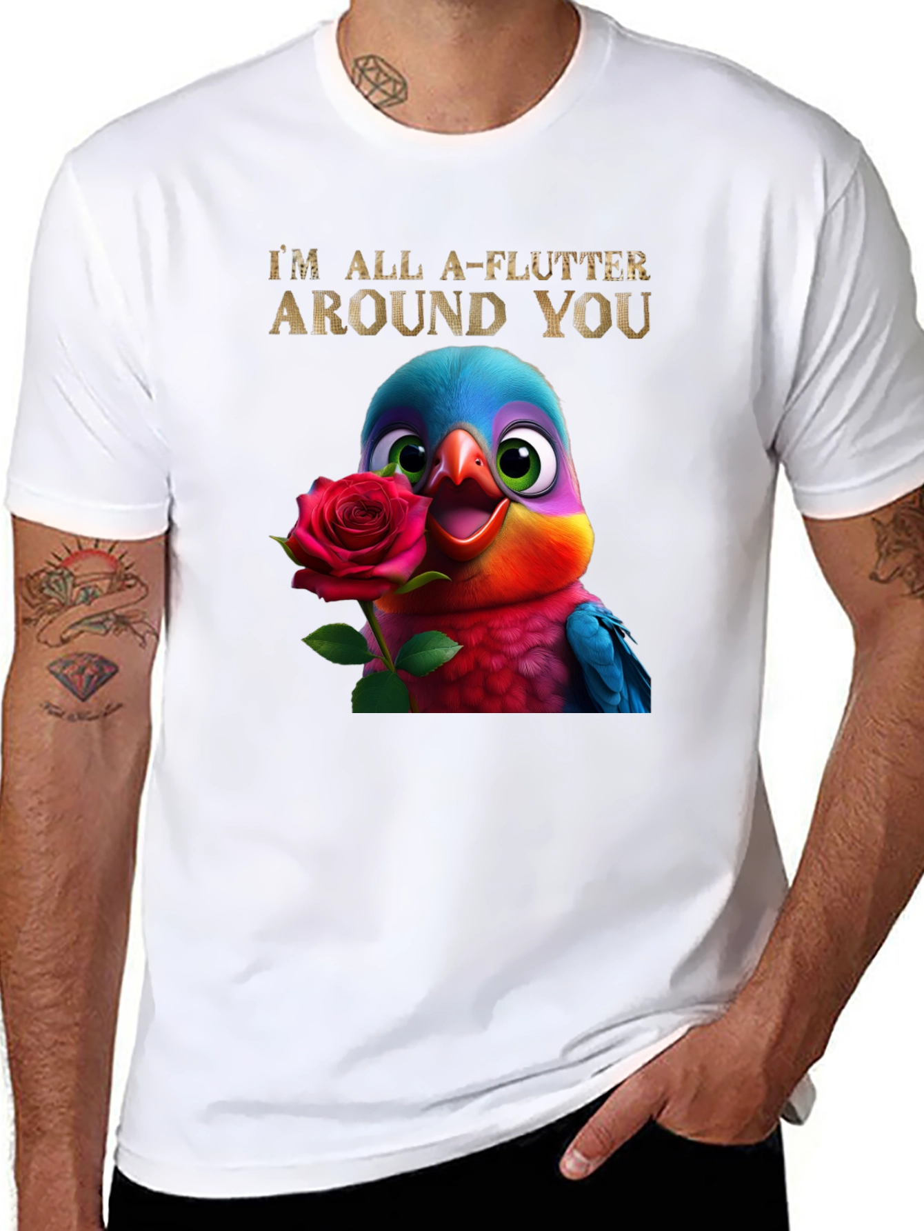 Flutter Around You T-Shirt - Cute Bird with Rose Graphic Tee
