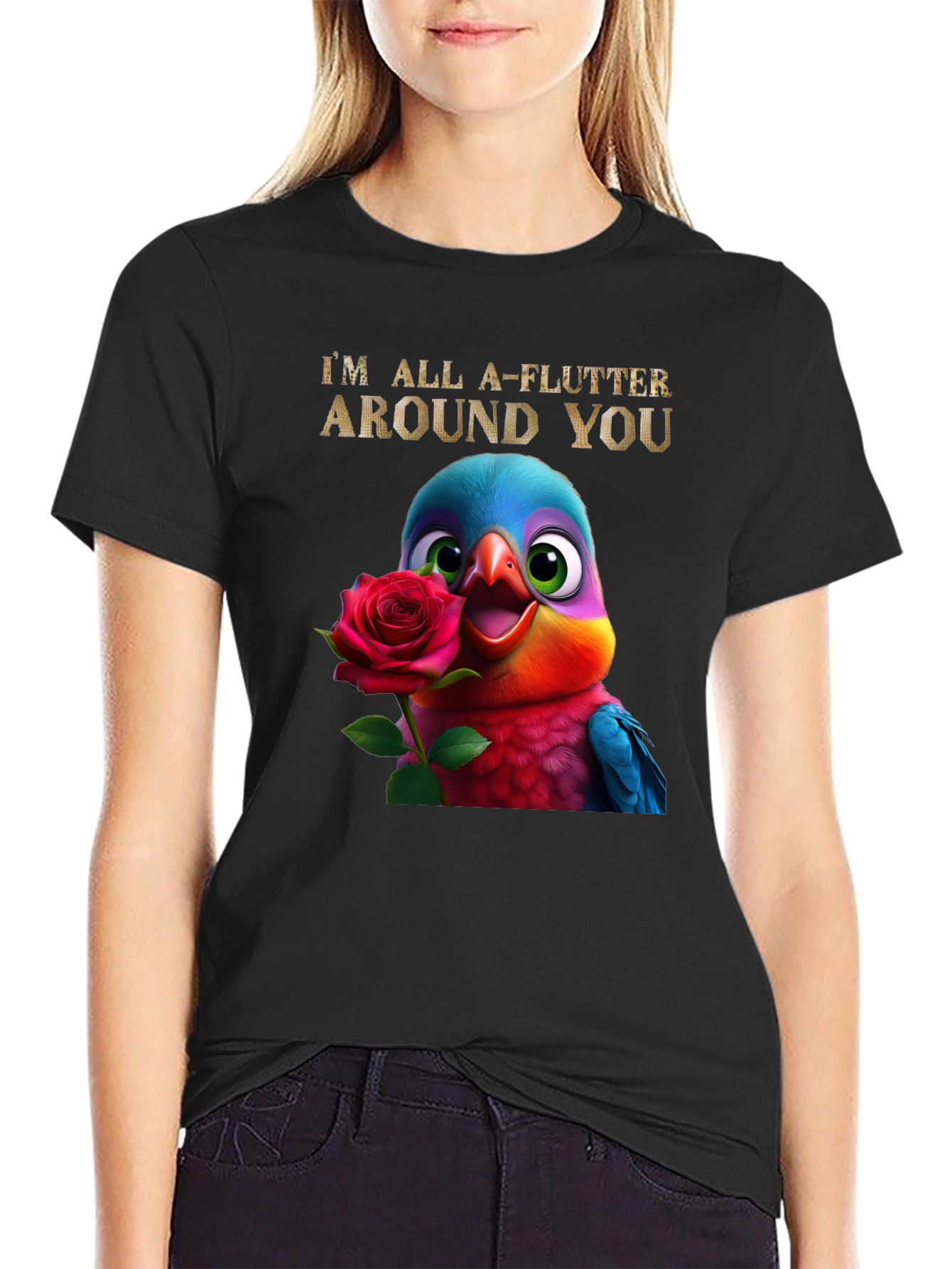 Flutter Around You T-Shirt - Cute Bird with Rose Graphic Tee