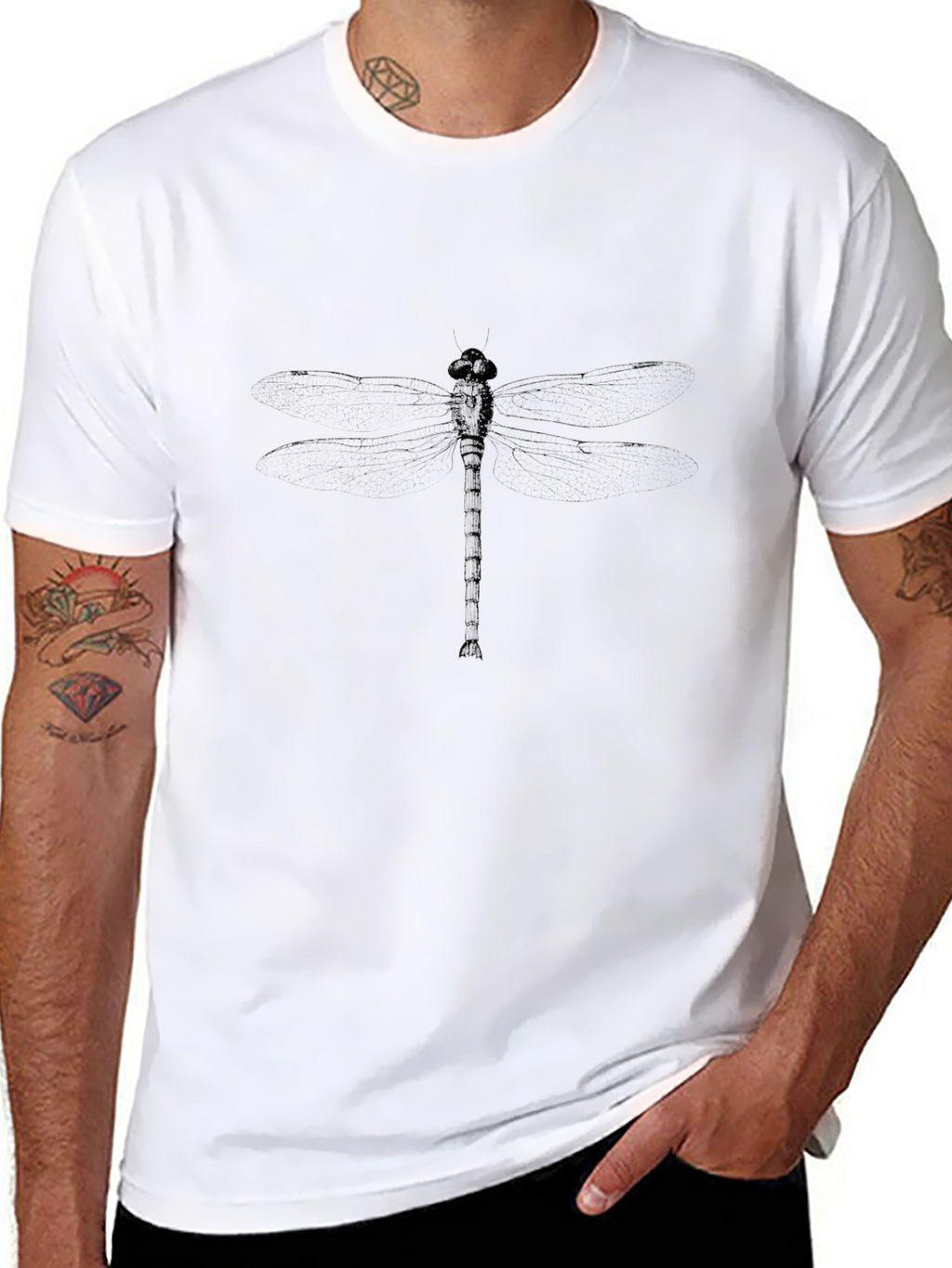 Mens Black Graphic Tee - Dragonfly Print Casual Shirt