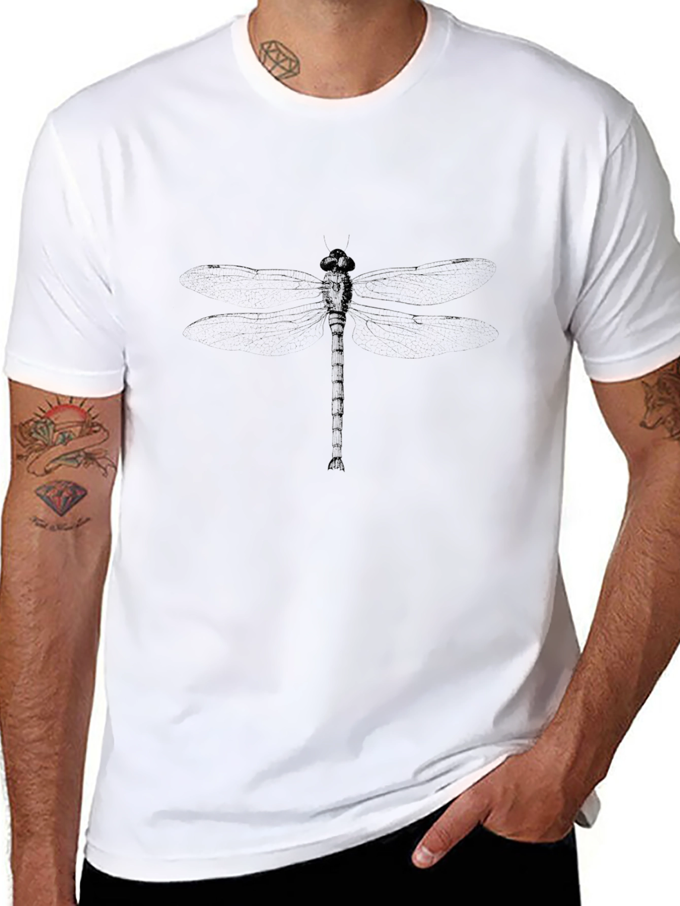 Mens Black Graphic Tee - Dragonfly Print Casual Shirt