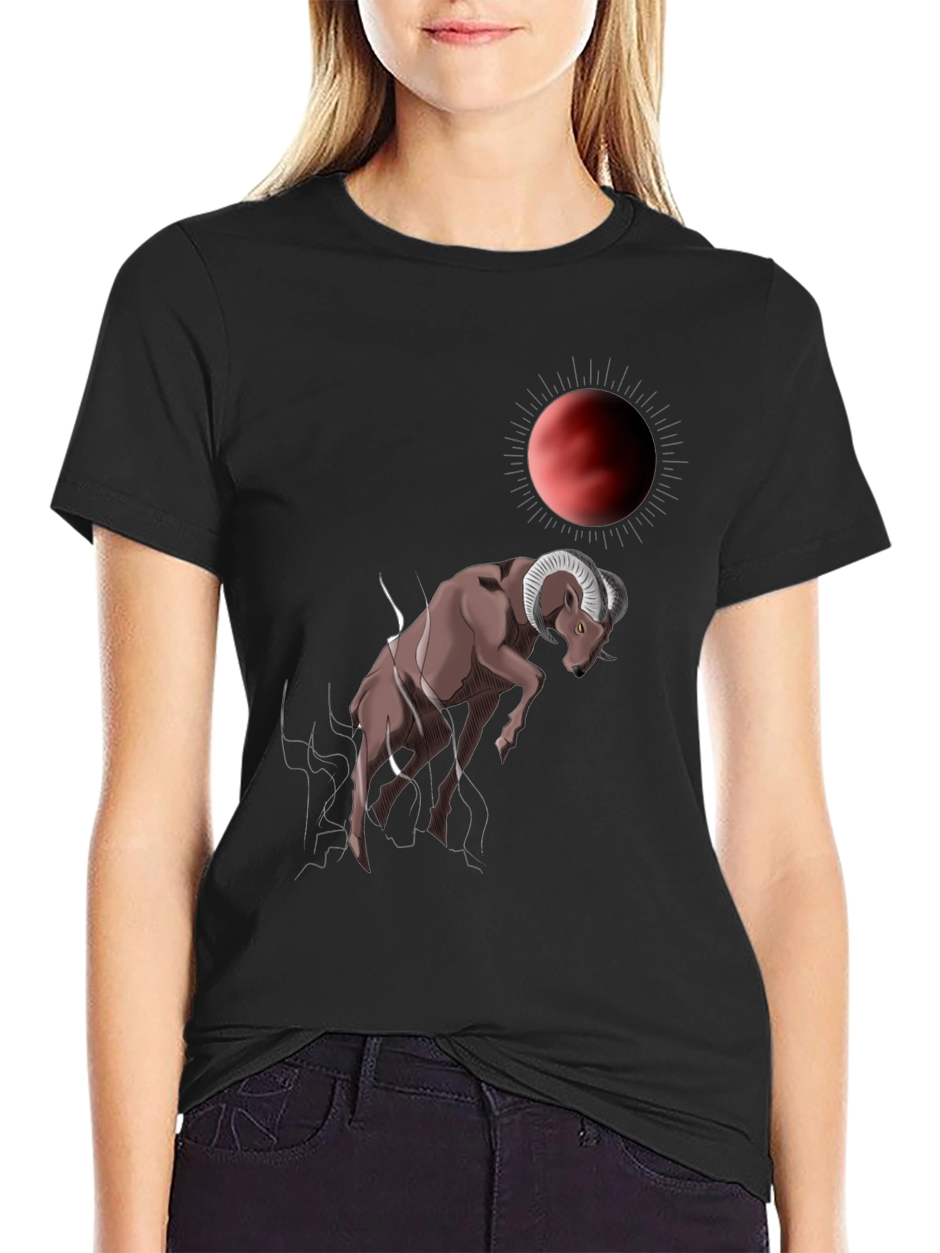 Ram Under Red Moon Graphic Tee - Trendy Mens T-Shirt