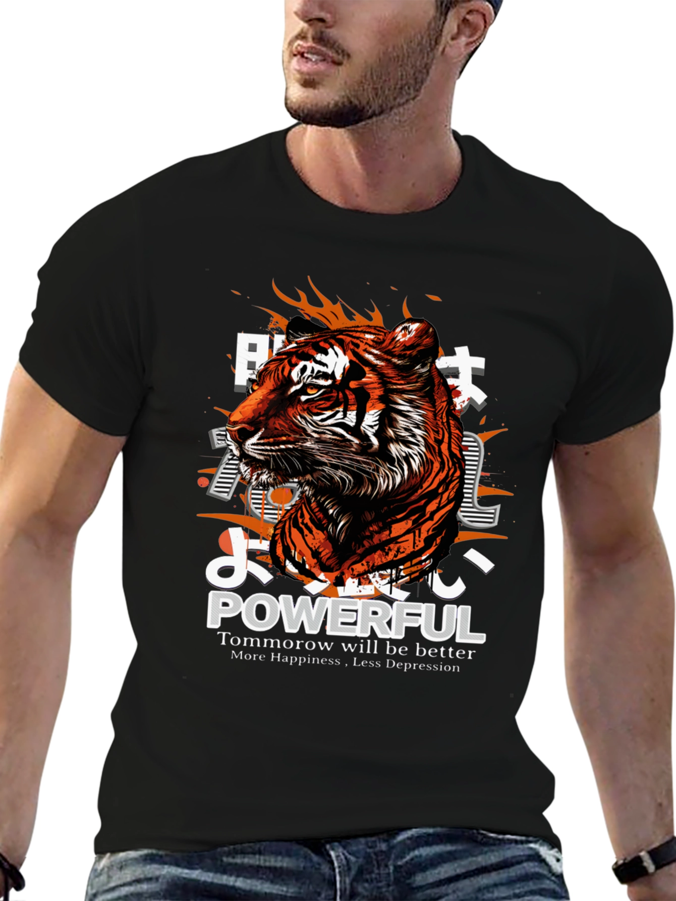 Powerful Tiger Graphic Print Black T-Shirt