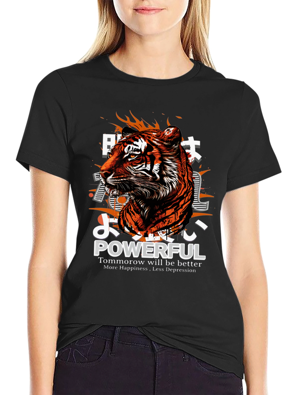 Powerful Tiger Graphic Print Black T-Shirt