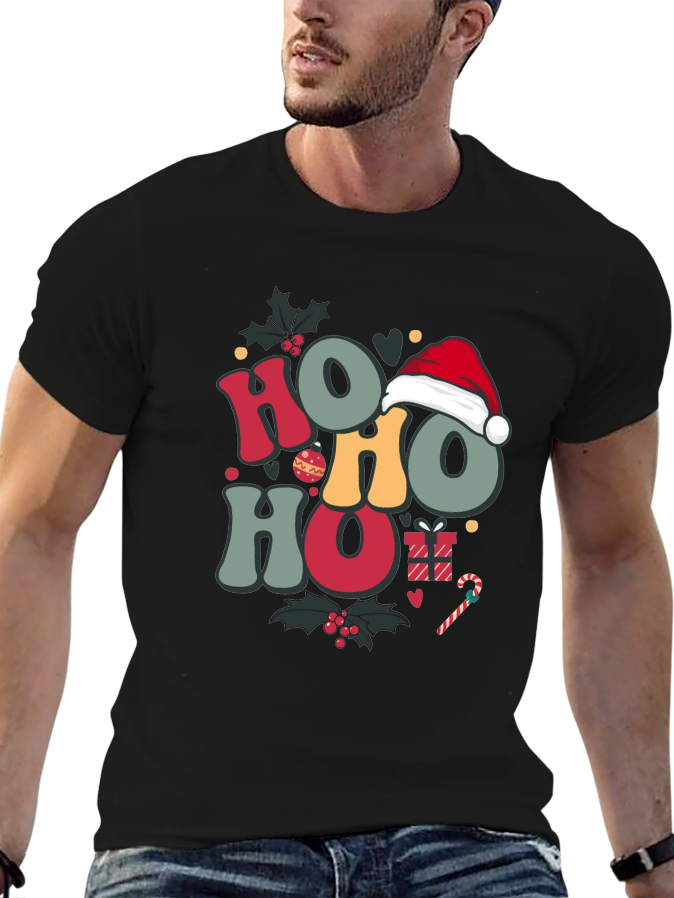Festive Holiday Graphic Tee - Ho Ho Ho Santa T-Shirt