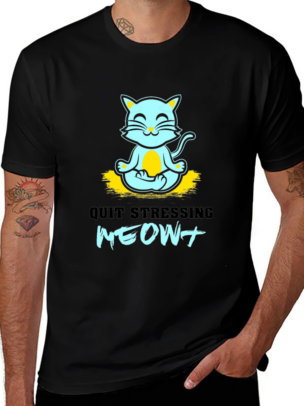 Meditating Cat Graphic Tee - Quit Stressing Meow!