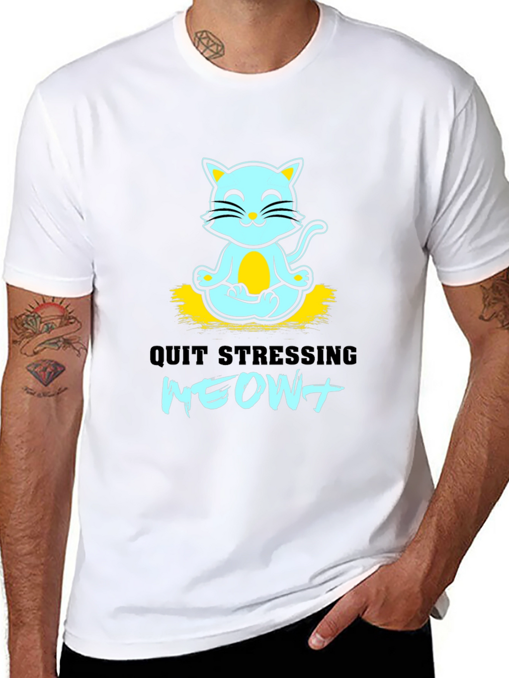 Meditating Cat Graphic Tee - Quit Stressing Meow!