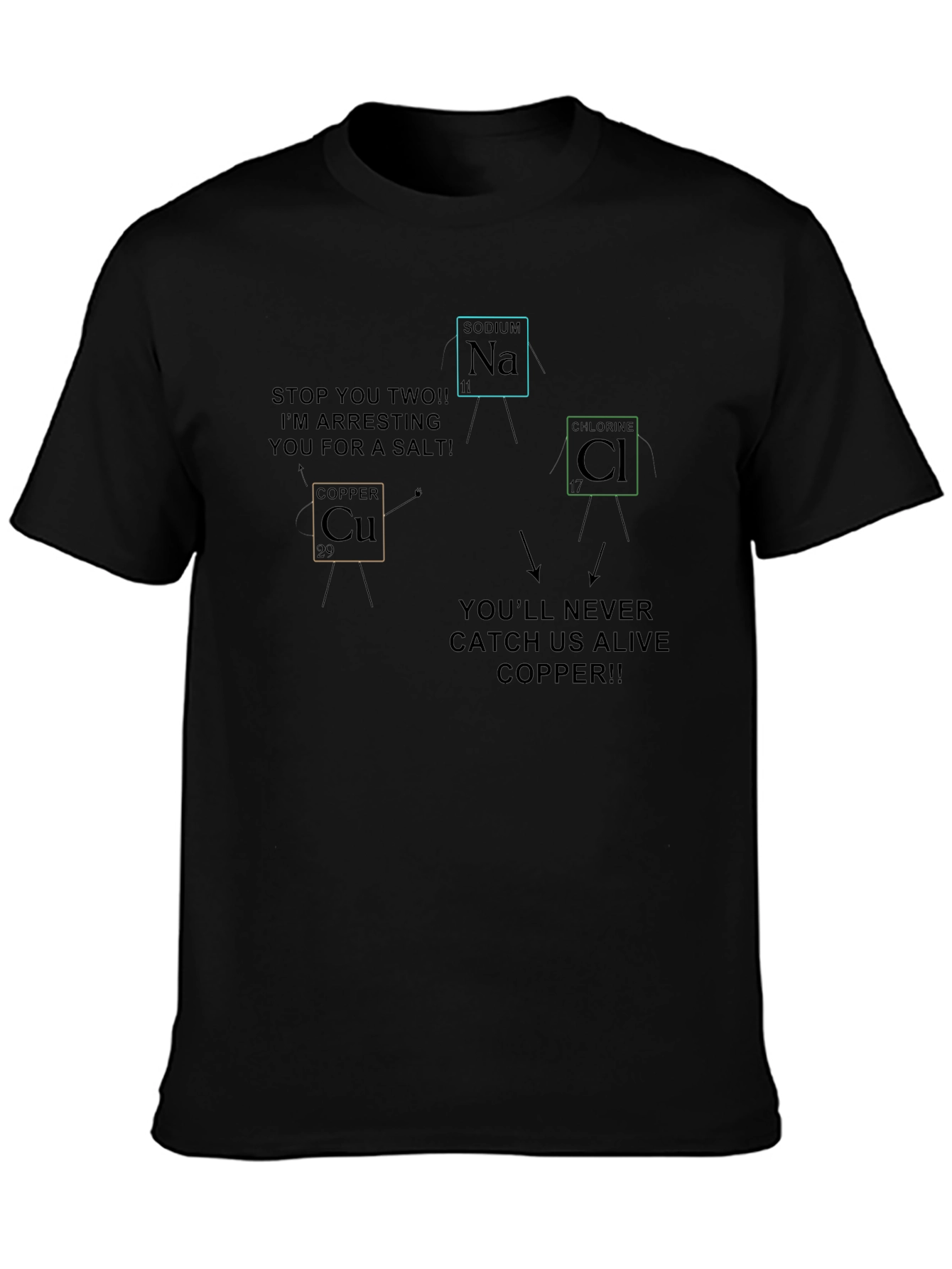 Funny Chemistry T-Shirt: Copper Arresting Sodium & Chlorine!