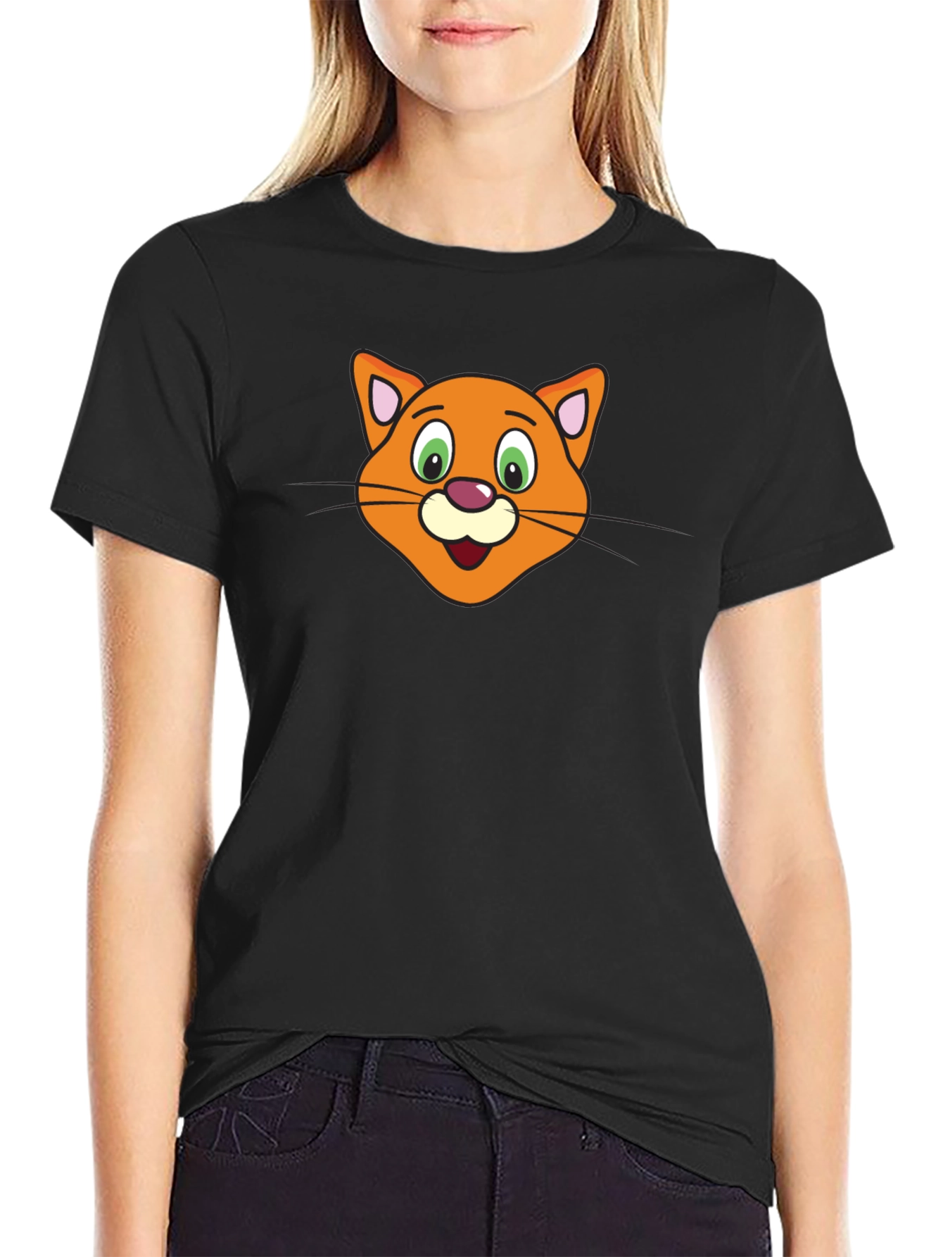 Cartoon Cat Face Black T-Shirt