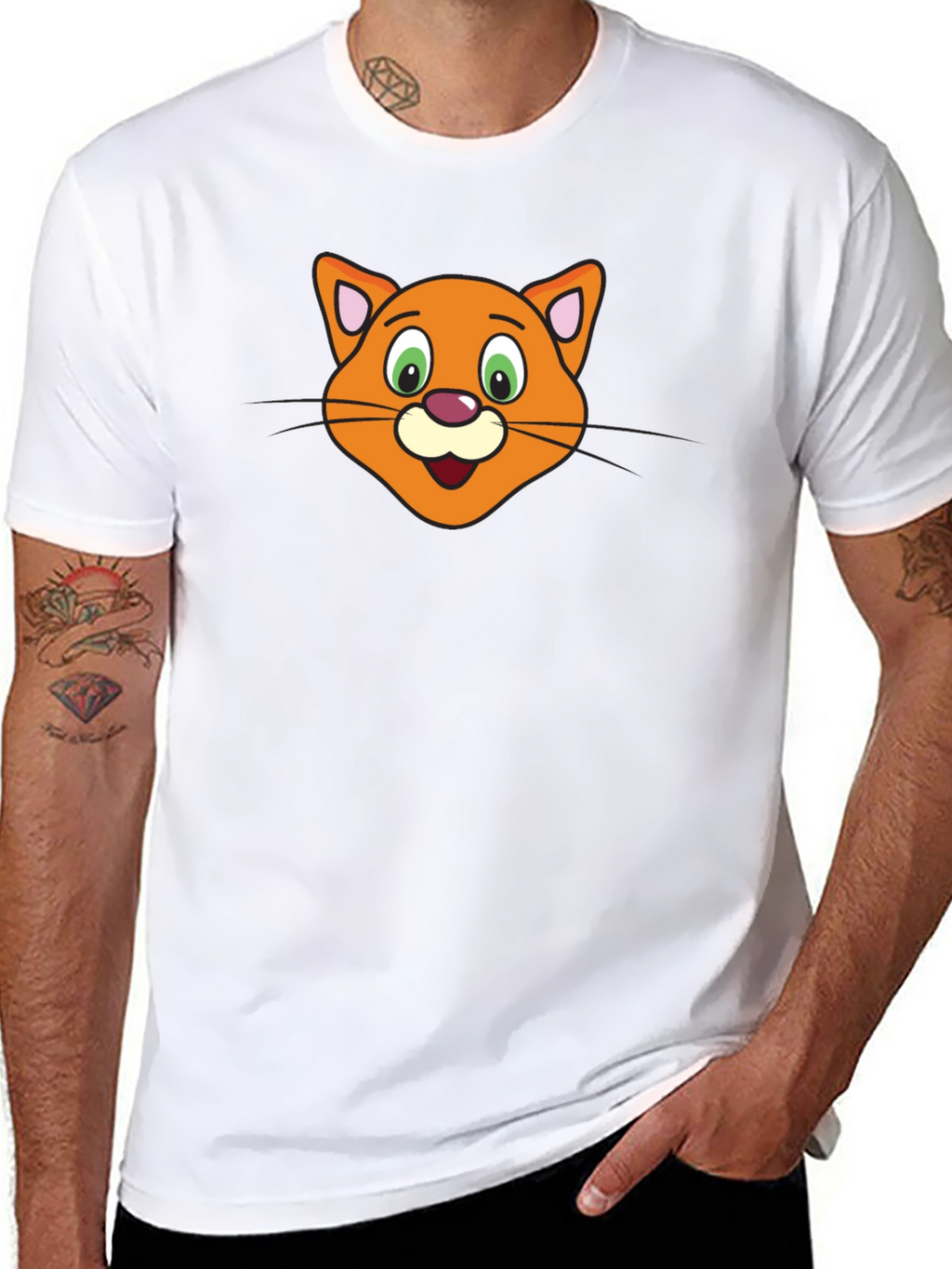 Cartoon Cat Face Black T-Shirt