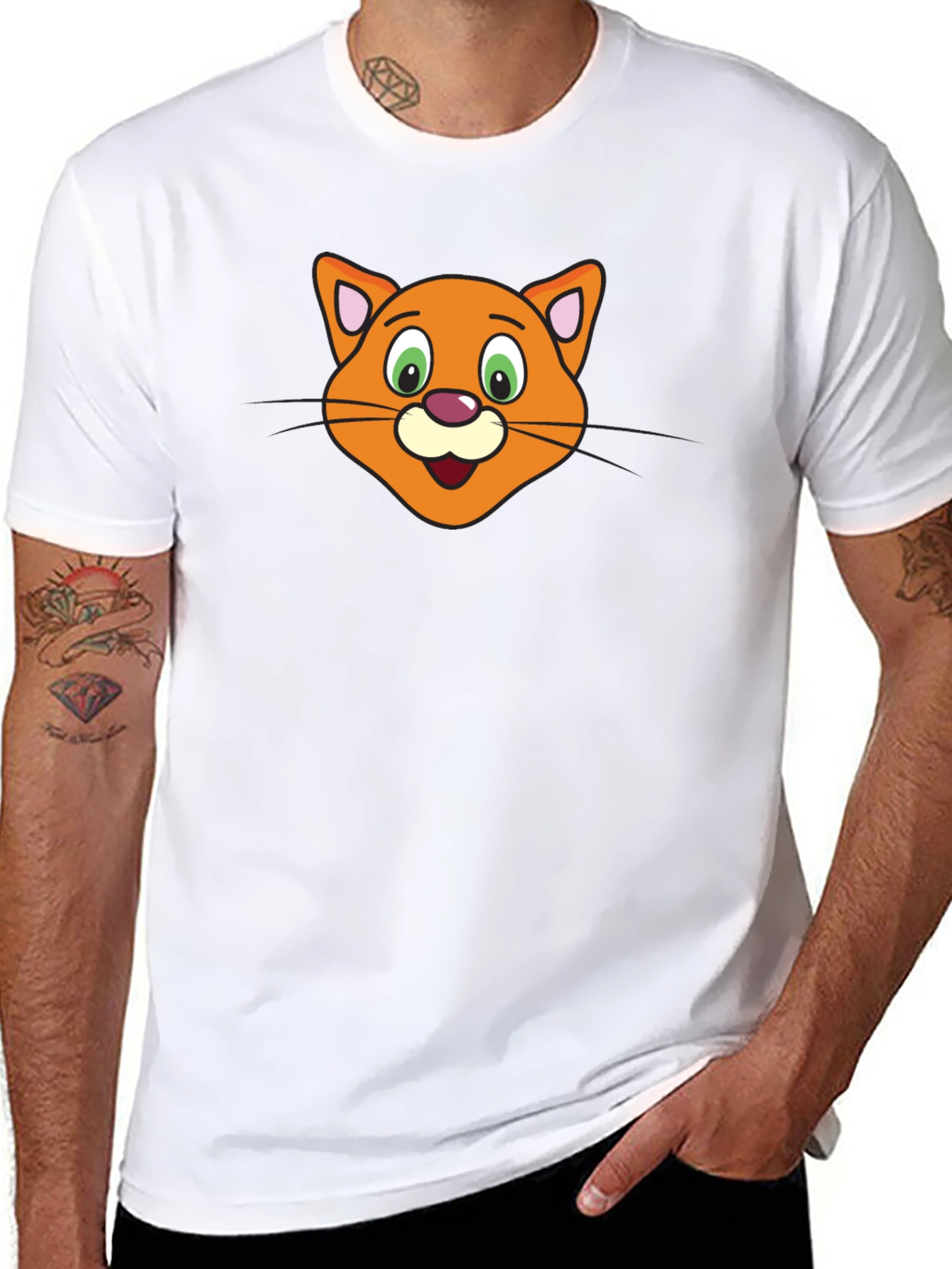Cartoon Cat Face Black T-Shirt