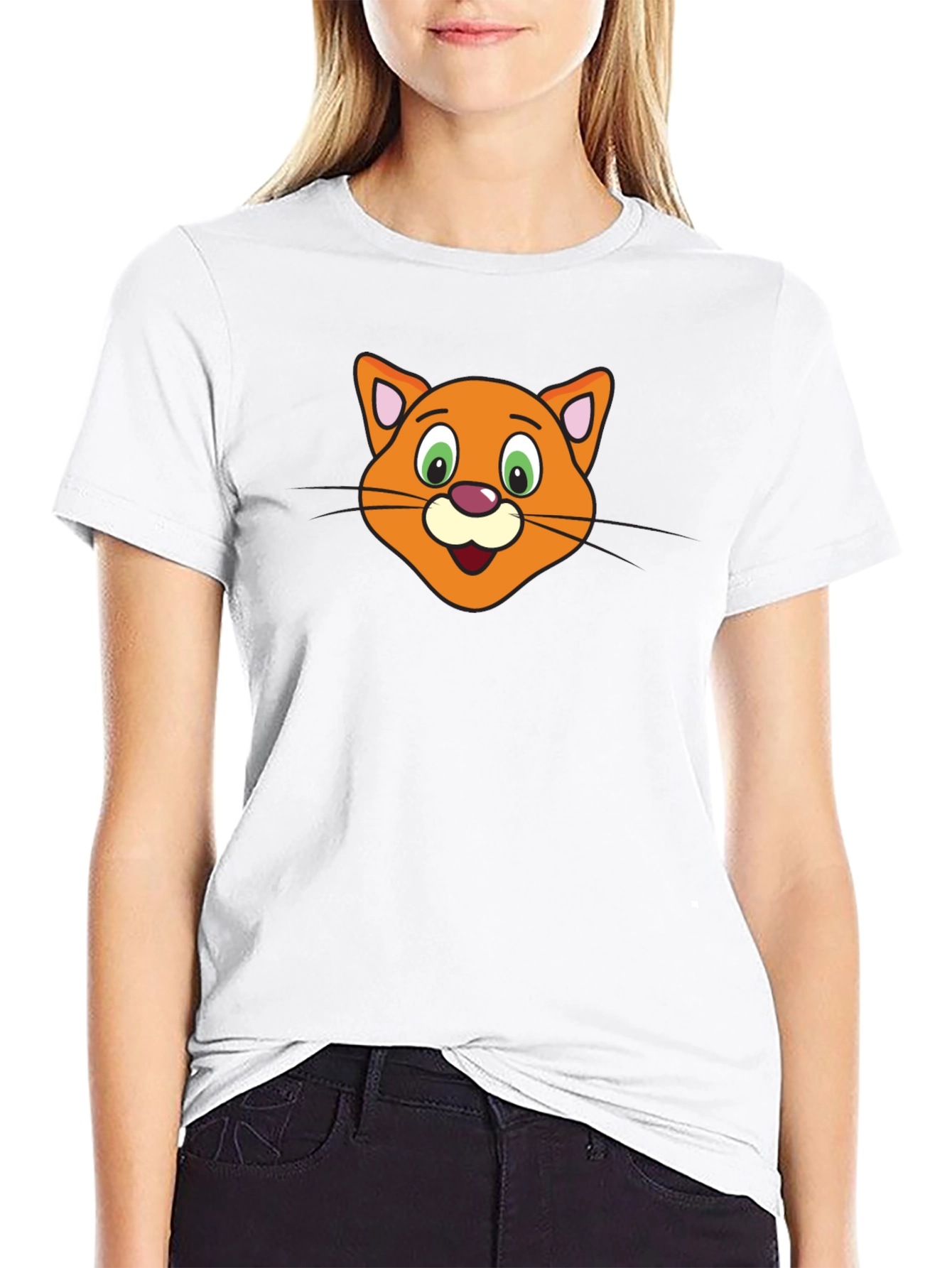 Cartoon Cat Face Black T-Shirt