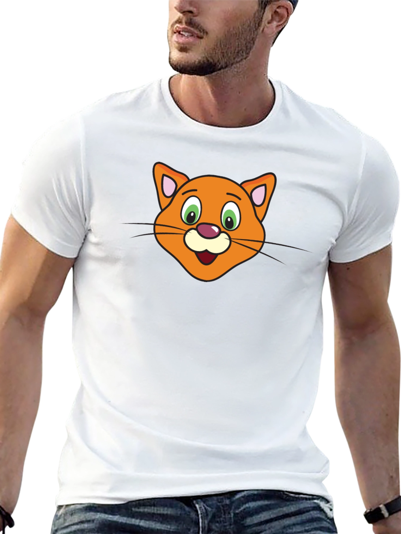 Cartoon Cat Face Black T-Shirt