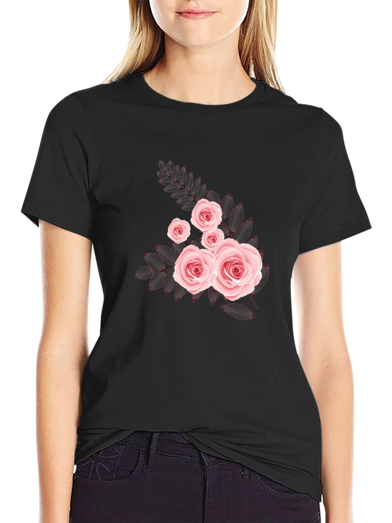 Floral Rose Graphic Tee - Black Cotton Casual Shirt