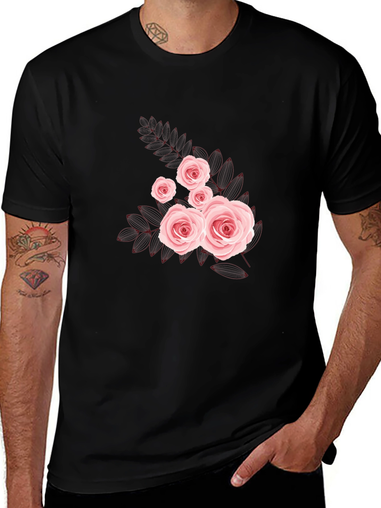 Floral Rose Graphic Tee - Black Cotton Casual Shirt