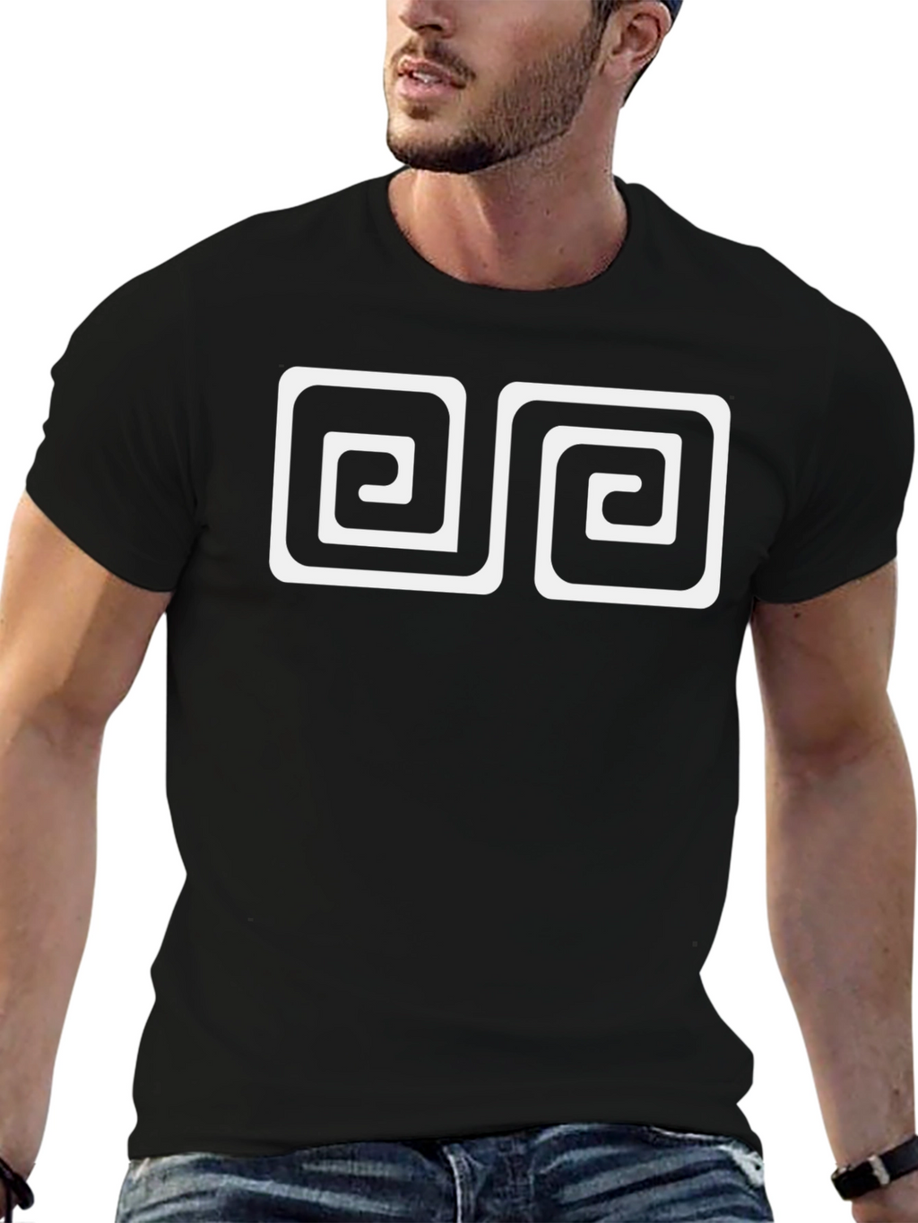 Geometric Spiral Design Black Cotton Tee